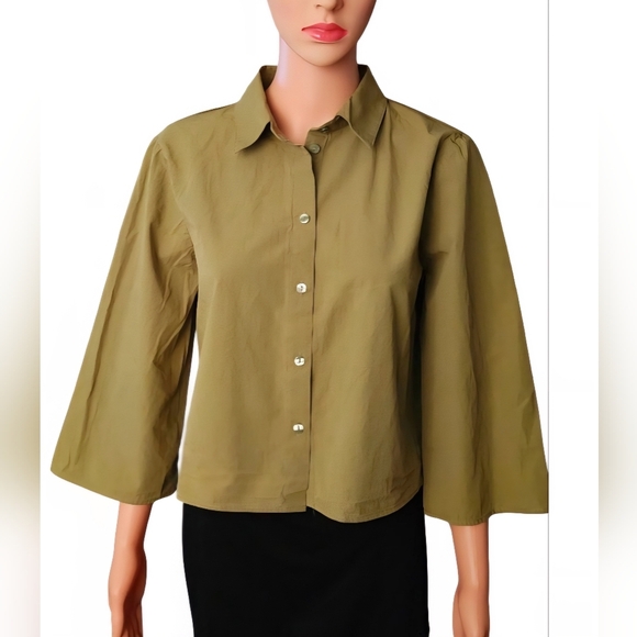 Zara Green Boxy Button Down Shirt with Notched Collar - Picture 2 of 8